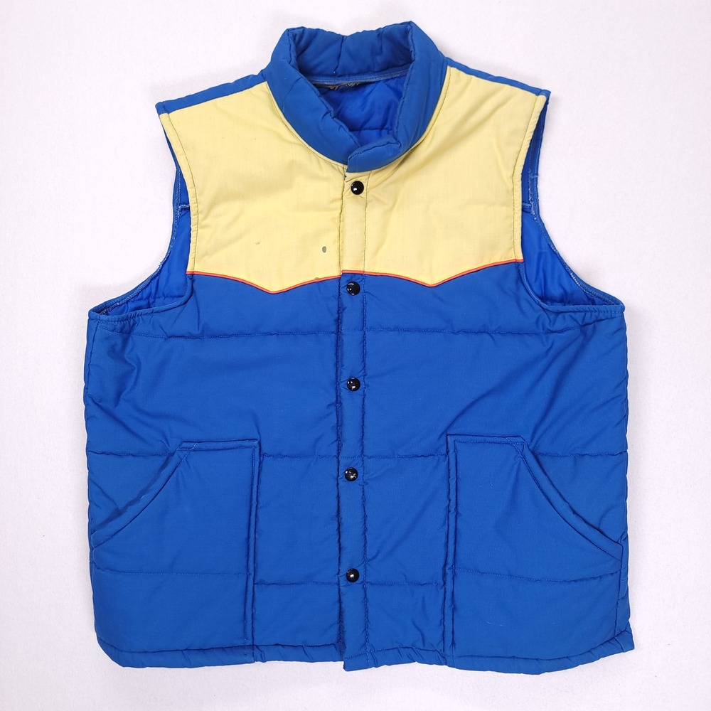 Swingster Vintage 80s Puffer Vest Blue Yellow‎ Western Yoke XL Mens Retro Puffy